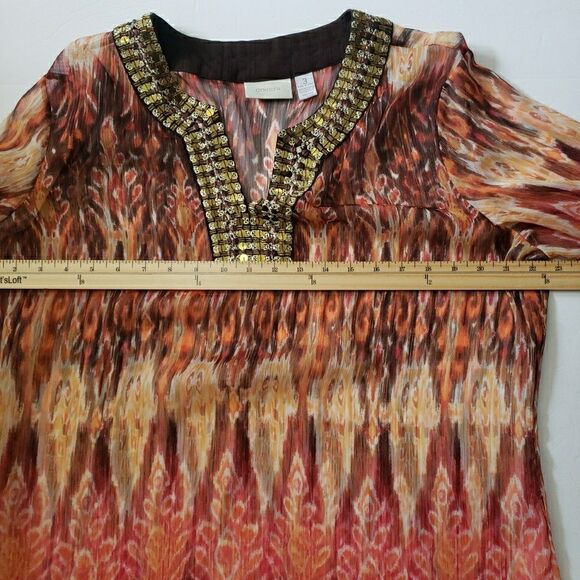 Chico's Chiffon Sequin Collar 3/4 Sleeve Sheer Blouse Orange Geo Women's 3 (XL) - Picture 8 of 8